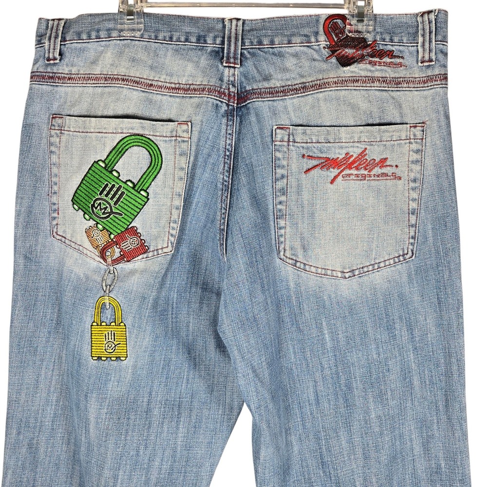 Miskeen Originals Jeans Mens 38 Embroidered Padlock Baggy Streetwear Y2K Hip Hop